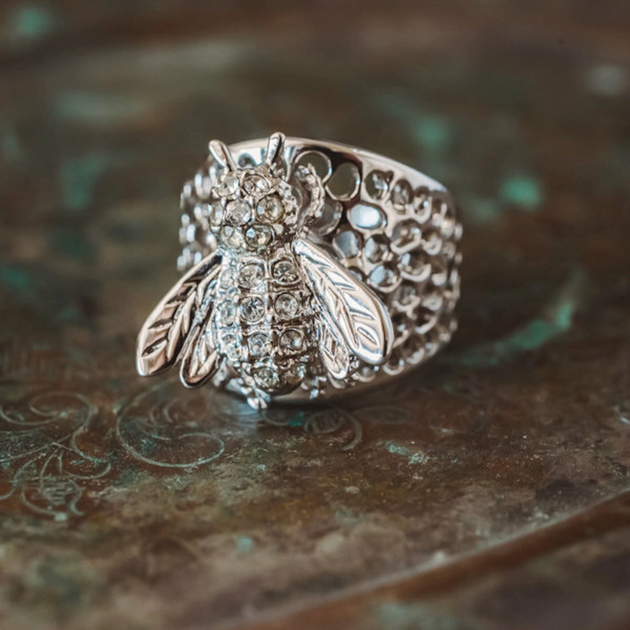 Vintage Bee on Honeycomb Ring