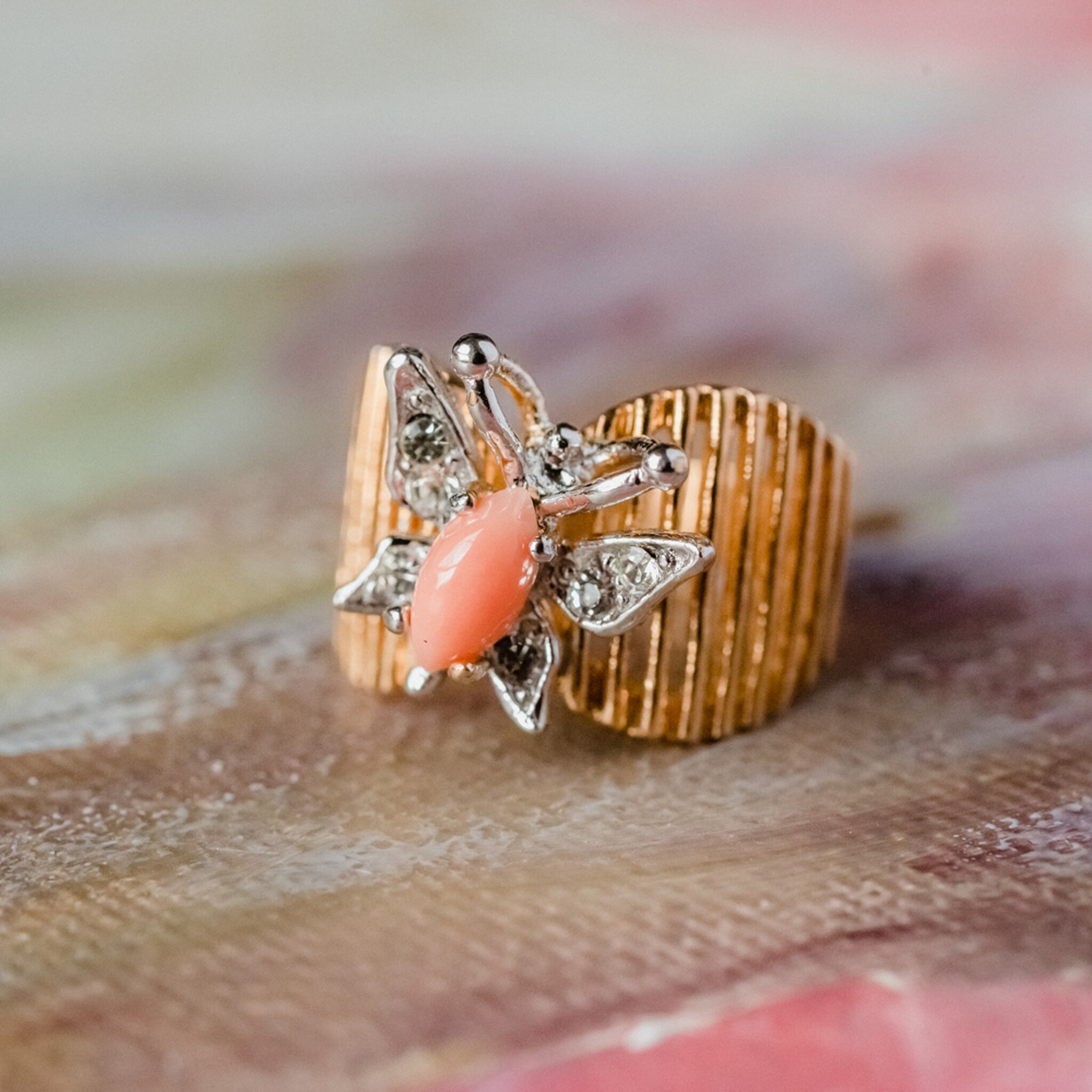 Genuine Coral Vintage Butterfly Ring